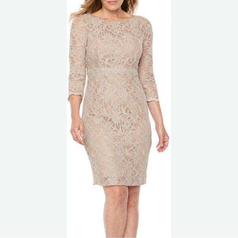 Lace Sheath Long Sleeve Dress in Nude
